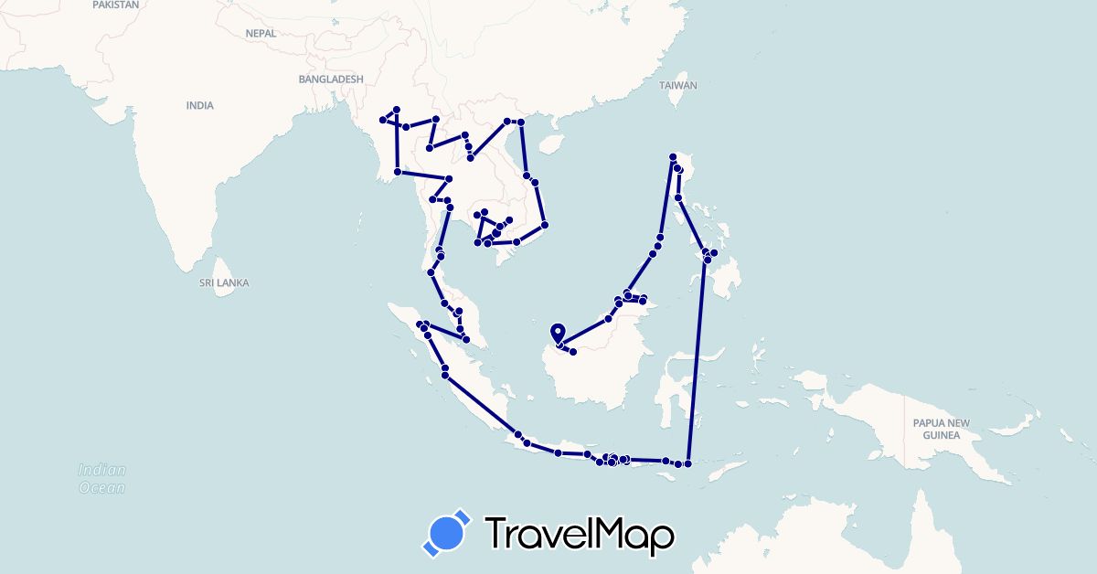 TravelMap itinerary: driving in Indonesia, Cambodia, Laos, Myanmar (Burma), Malaysia, Philippines, Thailand, Vietnam (Asia)